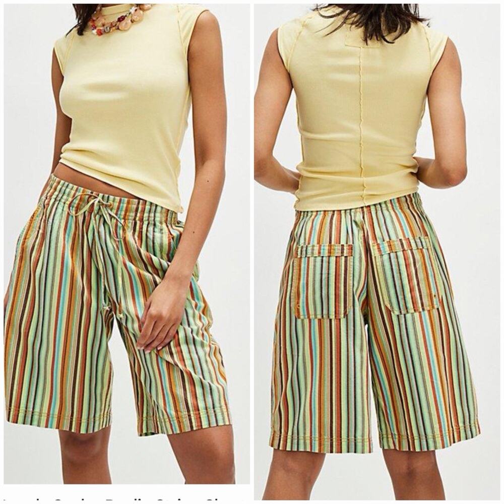 Free People Boho Striped Shorts Women XS Coastal Beachy Drawstring Retro 70s